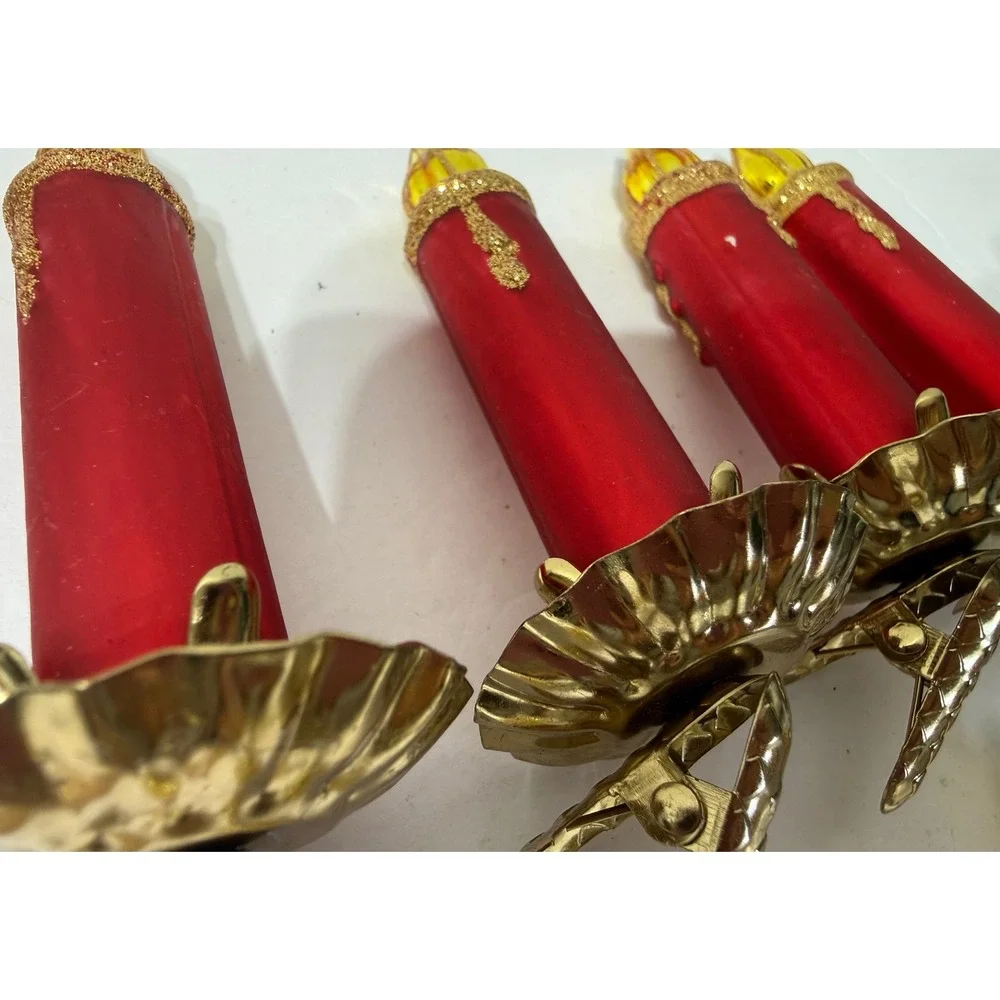 Vintage Style Glass Clip On Candle Christmas Ornaments Red White Glitter Set 7
